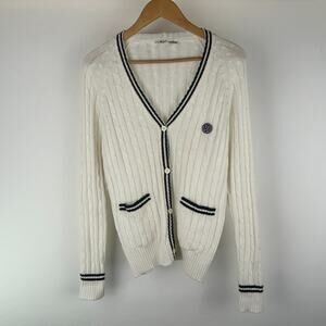 VTG Wimbledon Varsity Cardigan Preppy Tennis Sweater Knit White Stripe Small